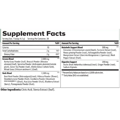 SZN Greens Superfood Powder Nutritional Label