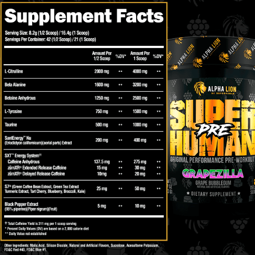 Superhuman Pre Alpha Lion Workout Supplement with Natural Caffeine and Citrulline